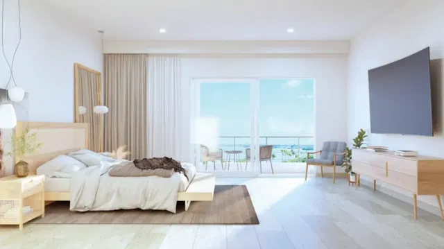 Schlafzimmer; blick, holzboden, tageslicht, moderner stil