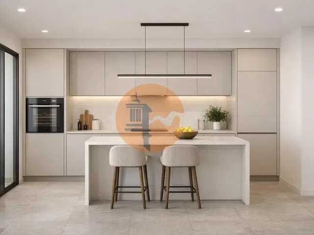 Cozinha; eletrodomésticos, chão de azulejo, luz natural, estilo moderno