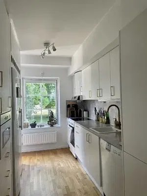 Cuisine; électroménager, lumière naturelle, style moderne, parquet