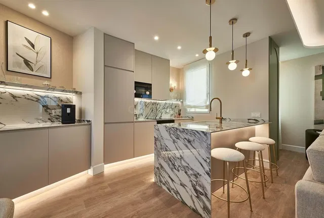 Kitchen; kitchen appliances, modern style, natural light, renovated