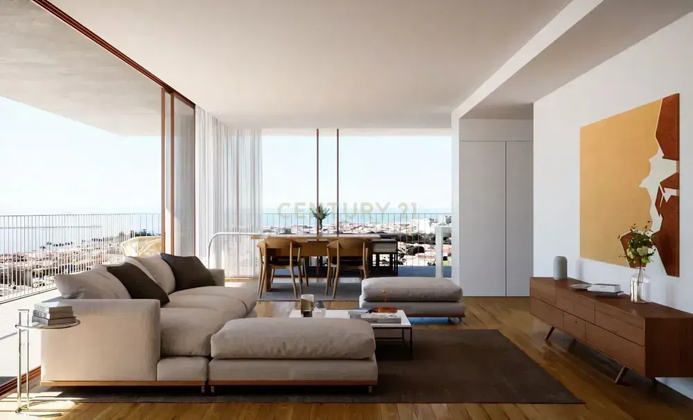 Obývací pokoj; výhled, dřevěná podlaha, přirozené světlo, moderní styl