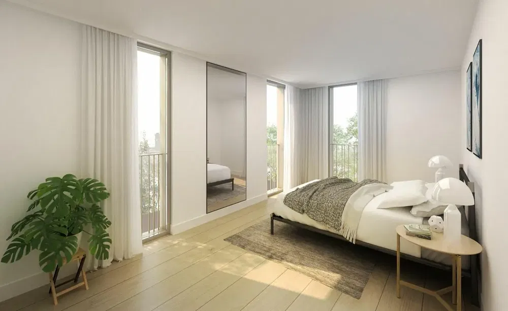 Camera da letto; luce naturale, pavimento in legno, stile moderno