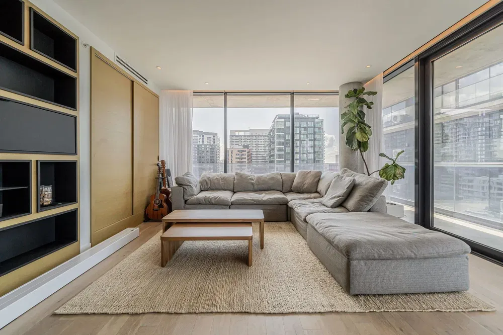 Living room; view, wood floor, natural light, modern style