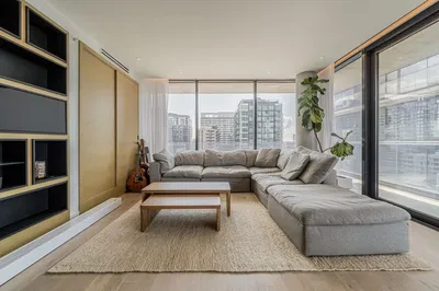 Living room; view, wood floor, natural light, modern style