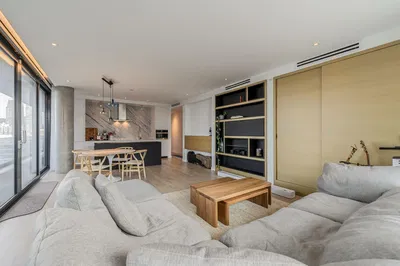 Living room; view, natural light, modern style, wood floor, tile floor