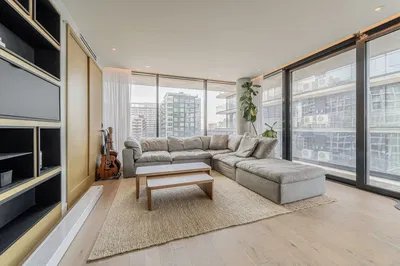 Living room; view, wood floor, natural light, modern style
