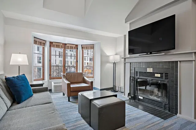 Living room; fireplace, view, natural light