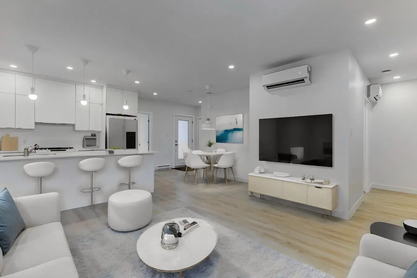 Дневна соба; поглед, кухињски апарати, природно светло, модерни стил, дрвени под