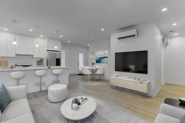 Living room; view, kitchen appliances, natural light, modern style, wood floor