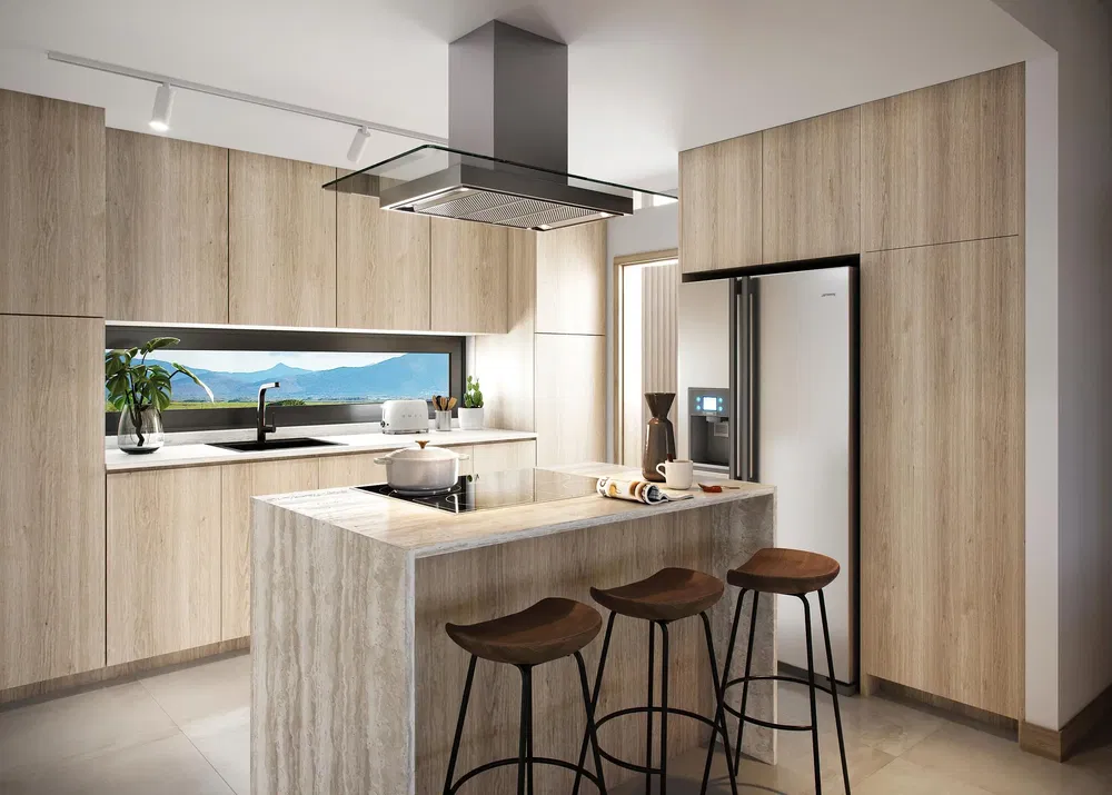 Küche; küchengeräte, blick, tageslicht, moderner stil