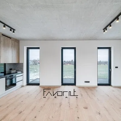 Кухня; гледка, дървен под, естествена светлина, модерен стил