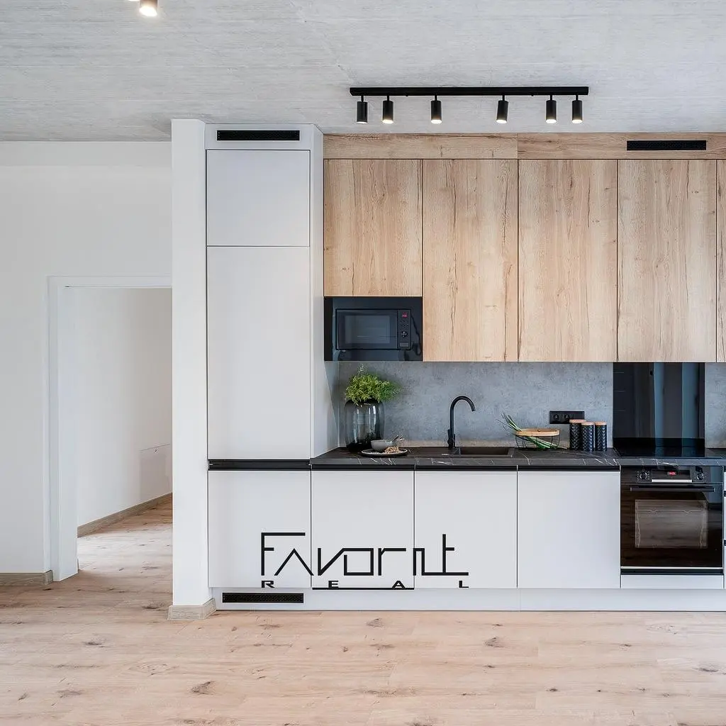 Кухня; кухненски уреди, модерен стил, дървен под, естествена светлина