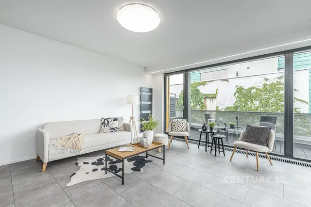 Salon; carrelage, lumière naturelle, style moderne, vue