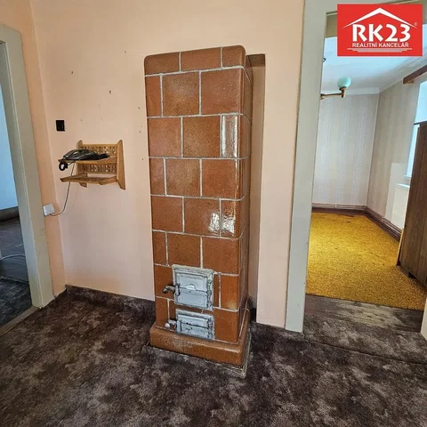 Living room; fireplace, needs renovation, dark interior