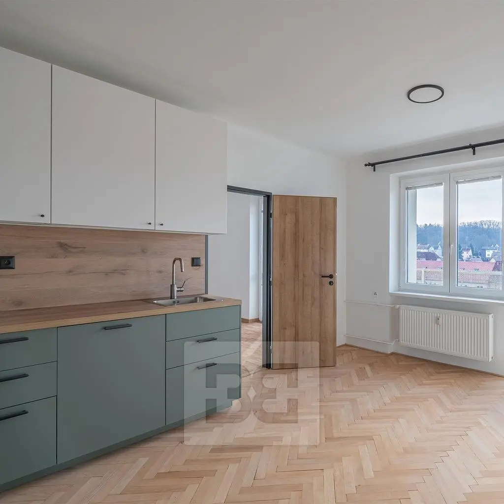 Kitchen; view, wood floor, renovated, natural light