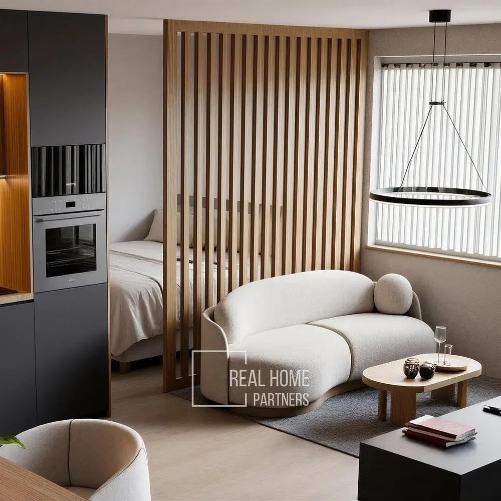 Хол; кухненски уреди, естествена светлина, модерен стил