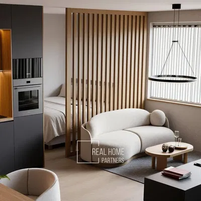 Хол; кухненски уреди, естествена светлина, модерен стил