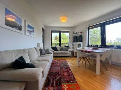 Obývací pokoj; přirozené světlo, dřevěná podlaha, moderní styl, výhled