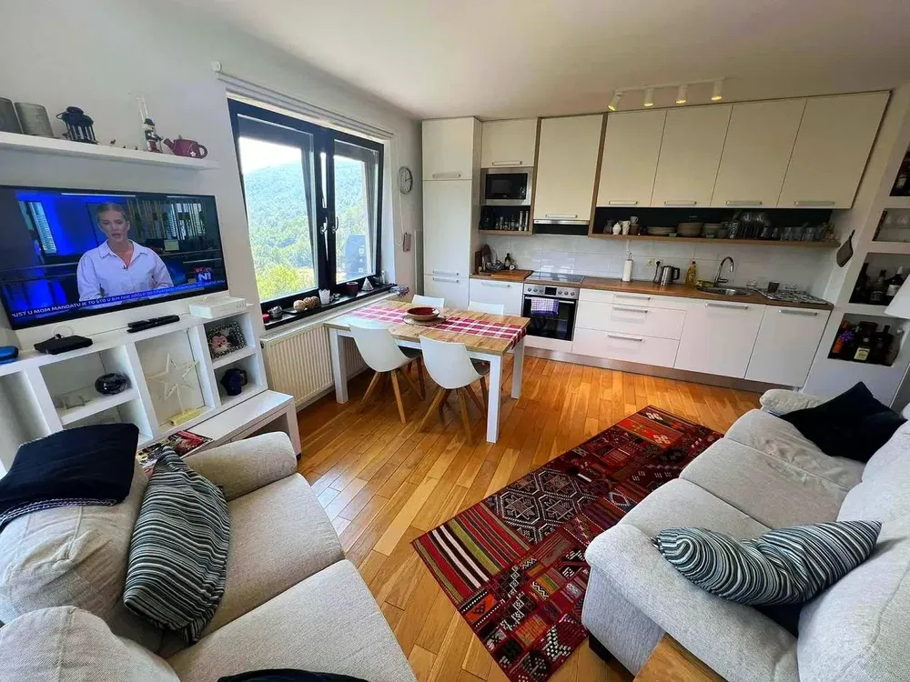 Obývací pokoj; výhled, dřevěná podlaha, přirozené světlo