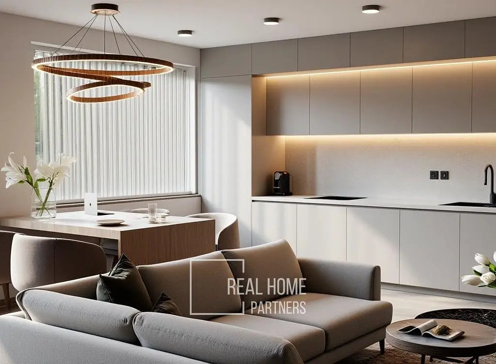 Хол; модерен стил, естествена светлина, кухненски уреди