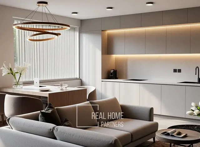 Хол; модерен стил, естествена светлина, кухненски уреди