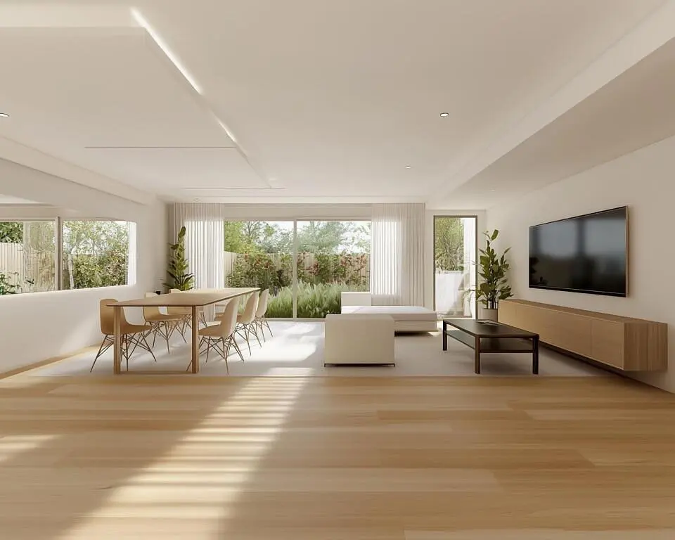 Wohnzimmer; blick, tageslicht, moderner stil, holzboden