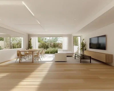 Wohnzimmer; blick, tageslicht, moderner stil, holzboden