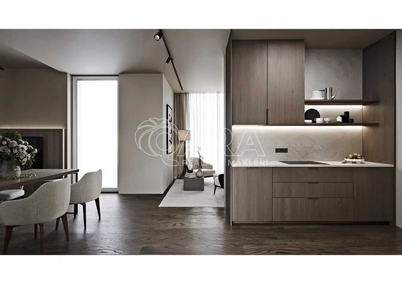 Кухня; дървен под, естествена светлина, модерен стил