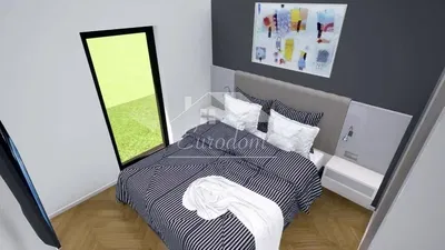 Spavaća soba; drveni pod, prirodna svjetlost, moderan stil