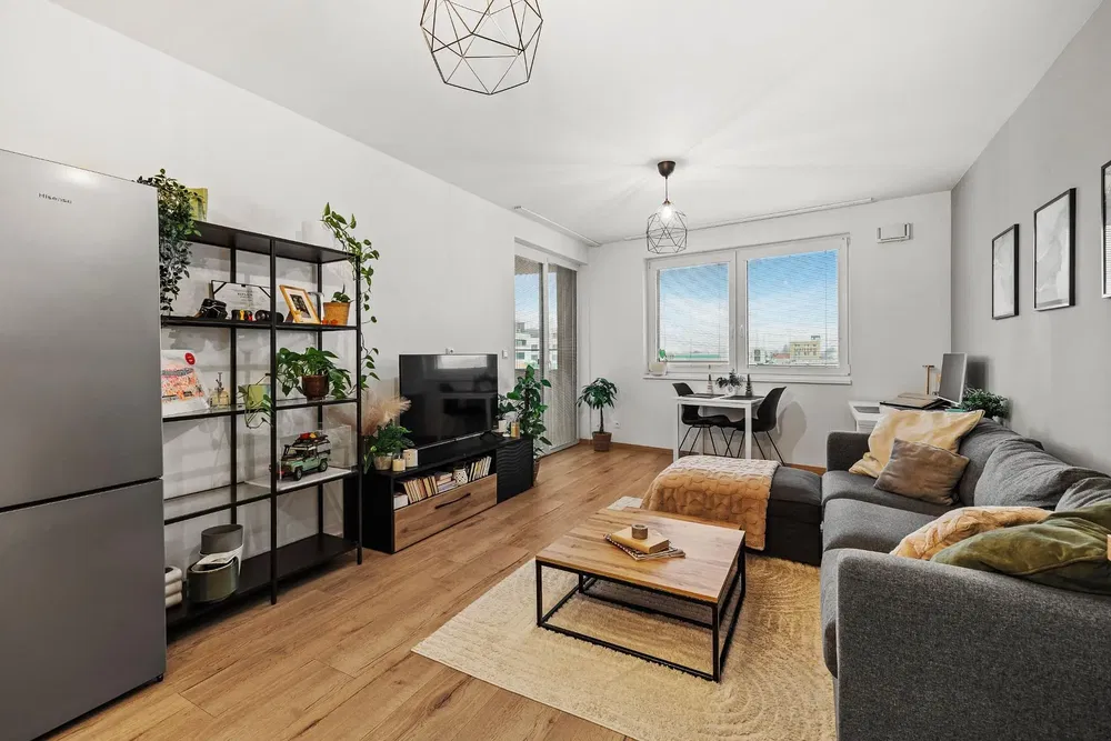 Obývačka; kuchynské spotrebiče, prirodzené svetlo, moderný štýl, drevená podlaha