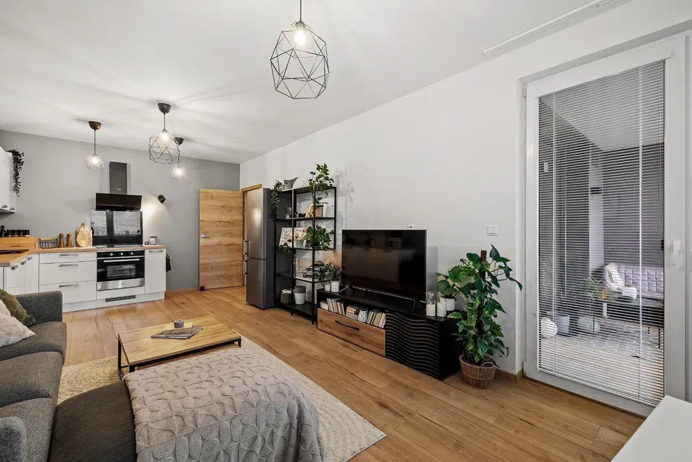 Obývačka; drevená podlaha, moderný štýl, prirodzené svetlo