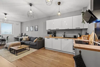 Obývačka; kuchynské spotrebiče, prirodzené svetlo, moderný štýl, drevená podlaha