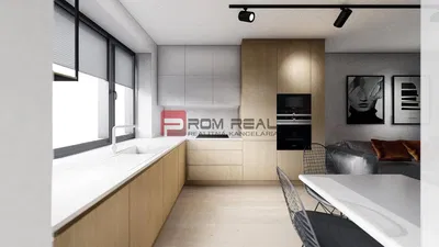 Cuisine; style moderne, électroménager, lumière naturelle, parquet