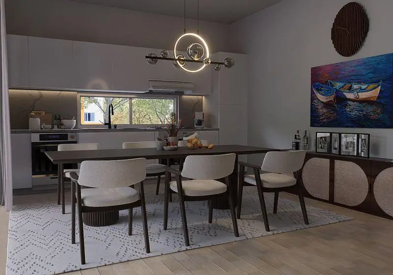 Keuken; keukenapparatuur, natuurlijk licht, moderne stijl, houten vloer