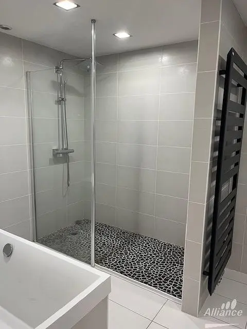 Salle de bain; carrelage, rénové, lumière naturelle