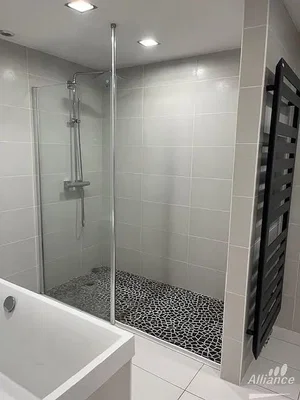 Salle de bain; carrelage, rénové, lumière naturelle
