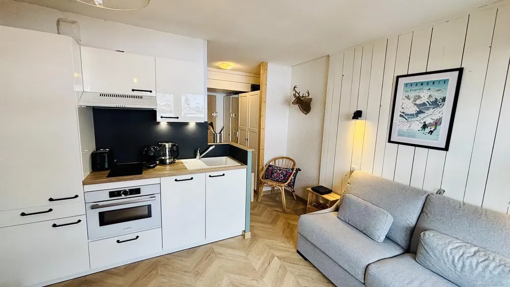 Living room; kitchen appliances, natural light, modern style, wood floor