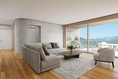 Woonkamer; uitzicht, houten vloer, natuurlijk licht, moderne stijl