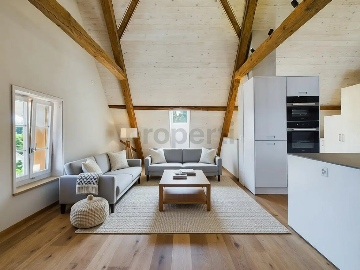 Wohnzimmer; blick, küchengeräte, holzbalken, holzboden, tageslicht, moderner stil