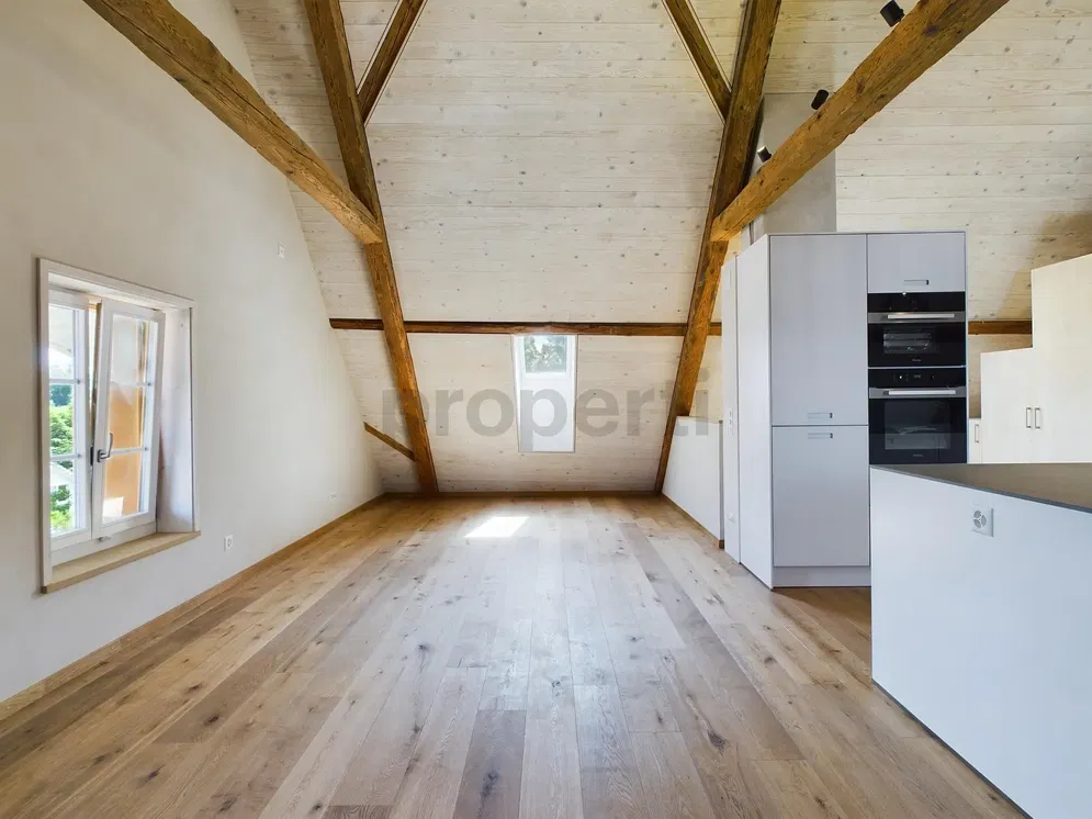 Küche; holzbalken, holzboden, küchengeräte, tageslicht, moderner stil, renoviert