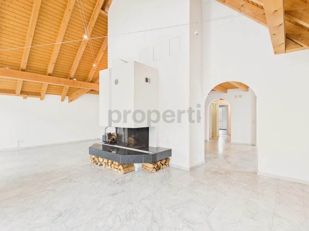 Дневна соба; камин, дрвене греде, високи плафони, плочице