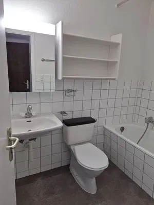 Badkamer; tegelvloer, natuurlijk licht, gerenoveerd