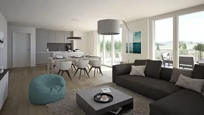 Woonkamer; uitzicht, houten vloer, natuurlijk licht, moderne stijl