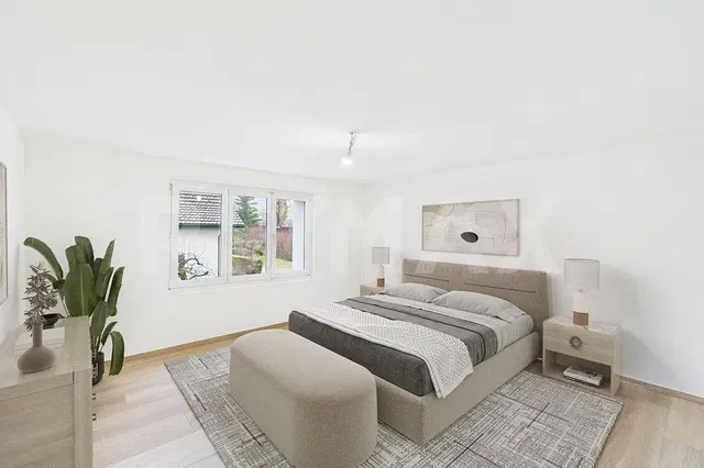 Camera da letto; luce naturale, stile moderno, pavimento in legno