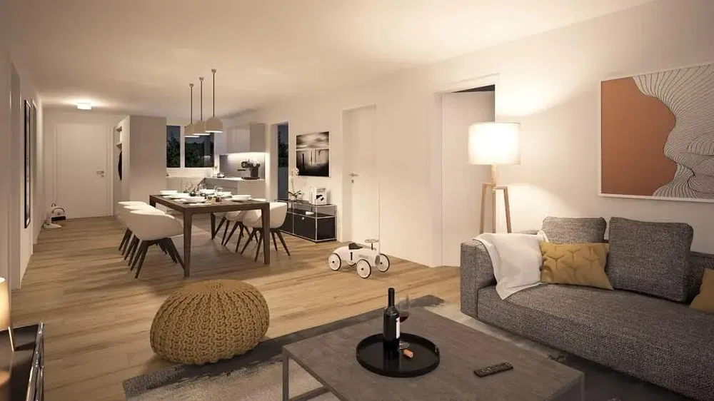 Soggiorno; pavimento in legno, stile moderno, luce naturale