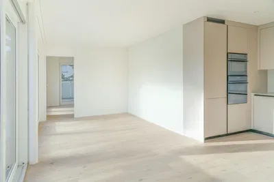 Кухня; кухненски уреди, дървен под, естествена светлина, ремонтиран