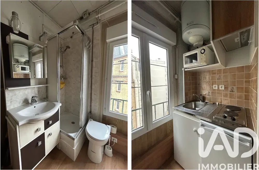 Toilette; warmwasserbereiter, küchengeräte, fliesenboden, tageslicht