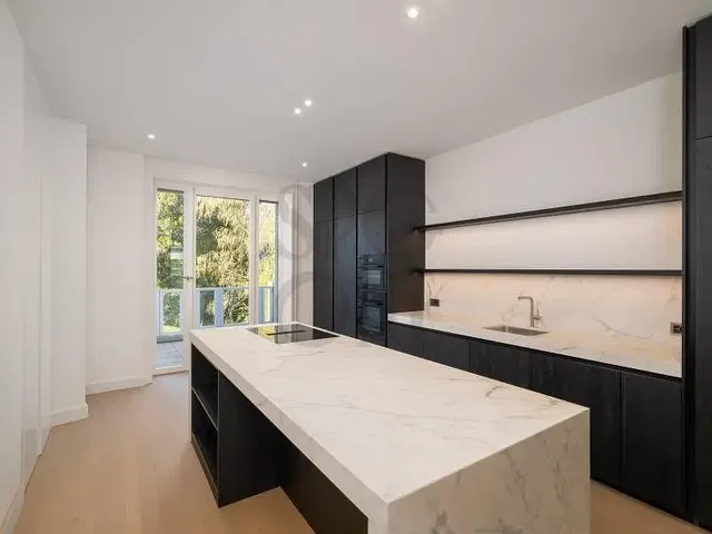 Keuken; keukenapparatuur, natuurlijk licht, moderne stijl, houten vloer