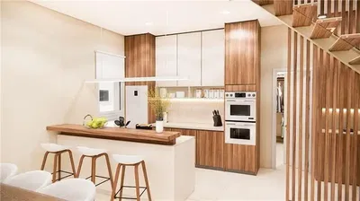 Kuchyně; kuchyňské spotřebiče, přirozené světlo, moderní styl