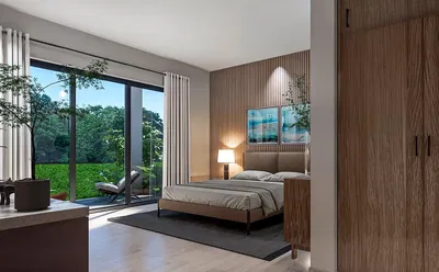 Quarto; vista, chão de madeira, luz natural, estilo moderno